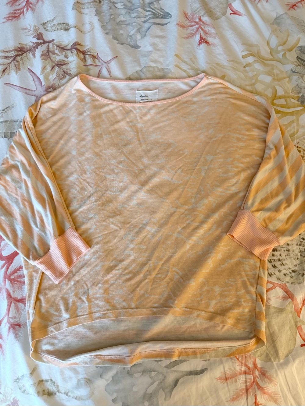 Market for Anthropologie Peach & White Floral Striped Mix Dolman Sleeve Top M